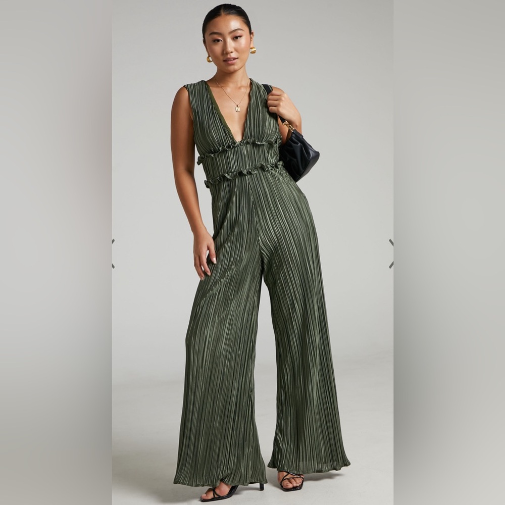 Showpo. Armida Plunge Neck Wide Leg Plisse Jumpsuit - Khaki